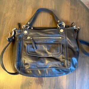 Fossil Black Leather Handbag Purse White Stitching Shoulder Strap